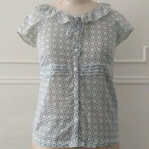 J.Crew Sz 0 Midcentury Voile 50s Retro Top Ruffle Smocked Button Up Blouse